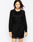 Greylin Scallop Lace Long Sleeve Dress With Crop Top - Black