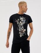 Religion T-shirt With Praying Skeleton Floral Print In Black - Black