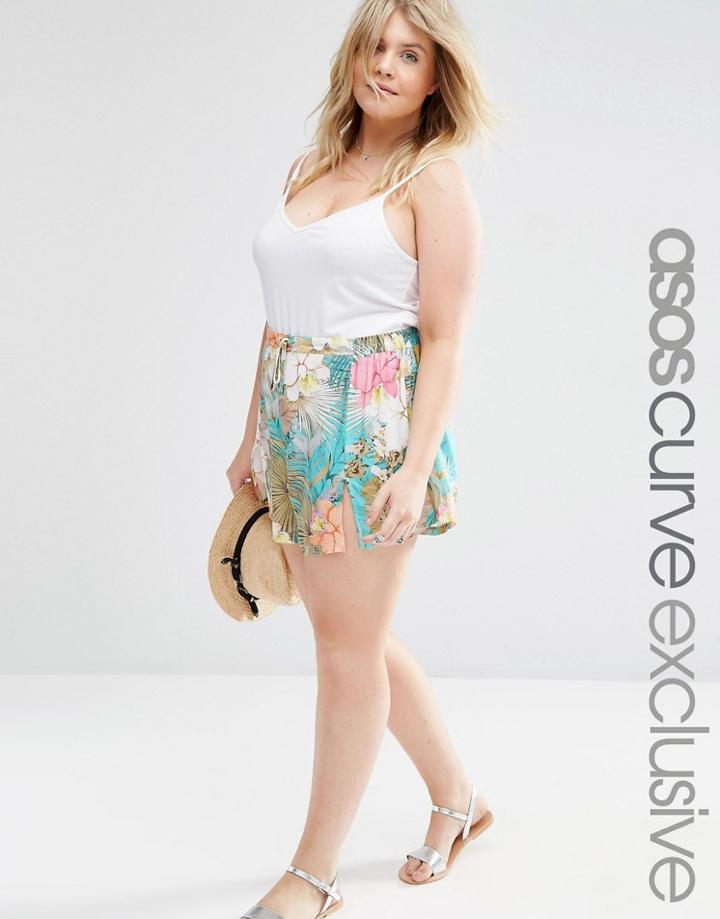Asos Curve Side Split Beach Shorts In Tropical Floral Print - Print
