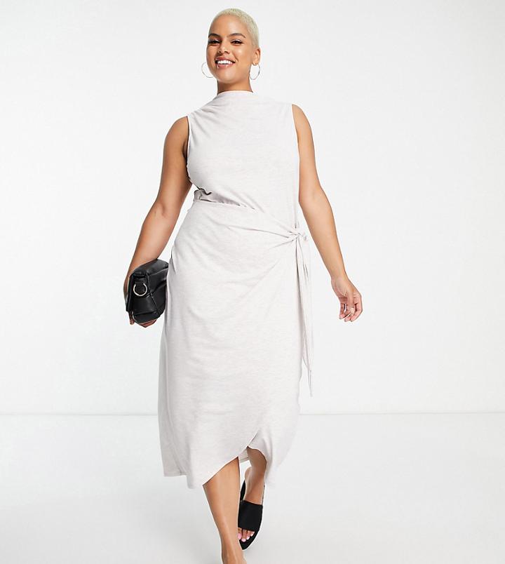 Asos Design Curve Sleeveless Sarong Wrap Midi Dress With High Neck In Oatmeal-neutral