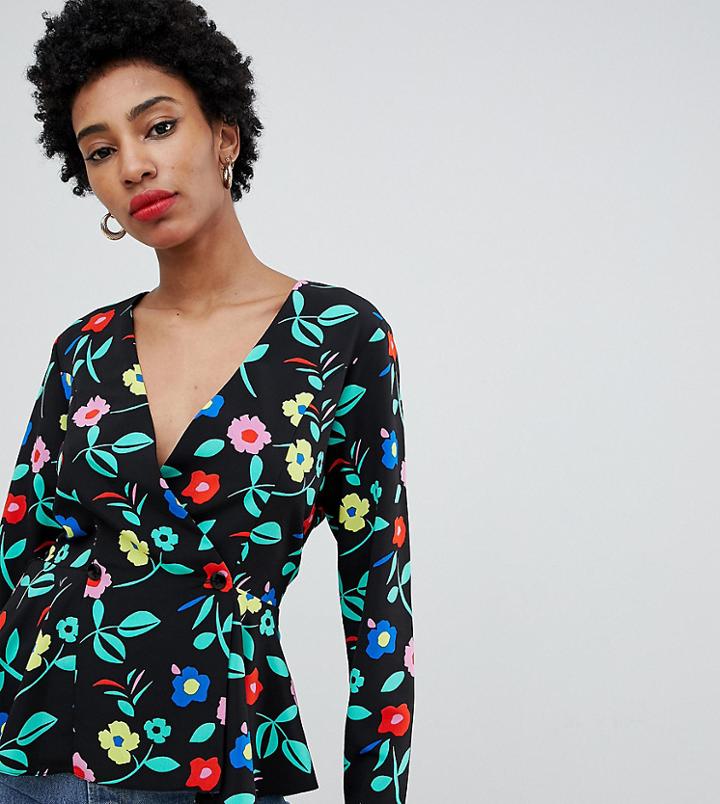 Asos Design Tall Tux Long Sleeve Top With Button Through Detail In Floral Print-multi