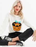 Brave Soul Mince Pie Christmas Sweater With Sequin Detail-cream