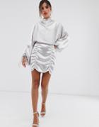 Asos Design Satin Mini Dress With Ruched Skirt And Blouson Top-silver
