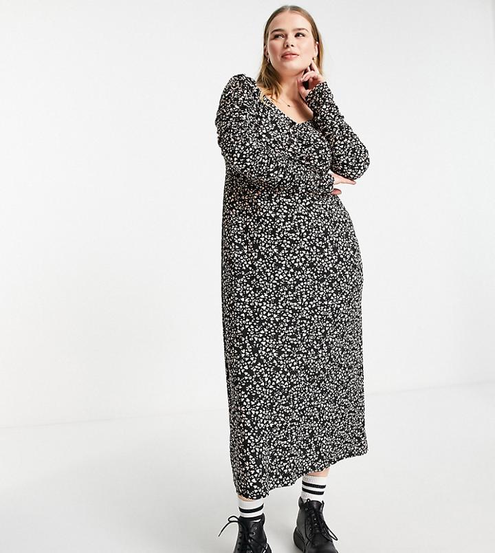 Simply Be Ruched Sleeve Midi Dress In Black Heart Print