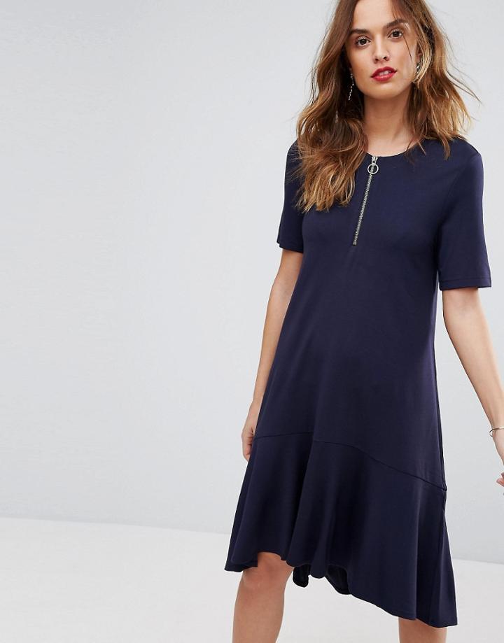 Warehouse Zip Front Ruffle Hem Midi Dress - Navy