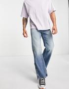 Topman Rigid Flare Jeans In Tinted Mid Wash-blue