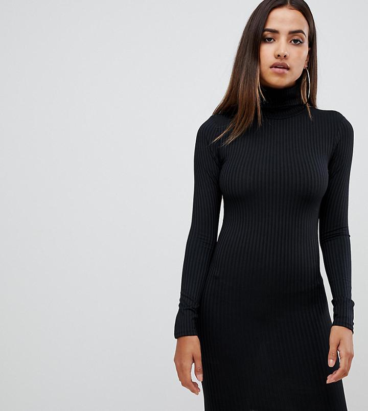 Prettylittlething Basic Ribbed Roll Neck Long Sleeve Dress In Black - Black