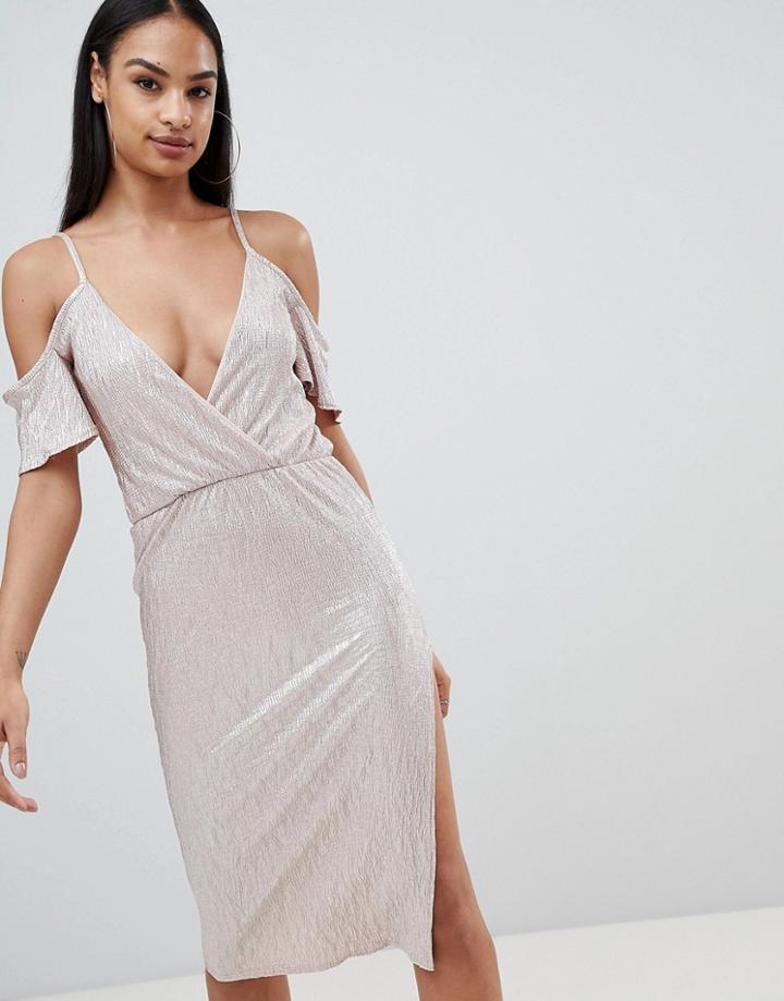 Rare Metallic Cold Shoulder Midi Dress - Gold