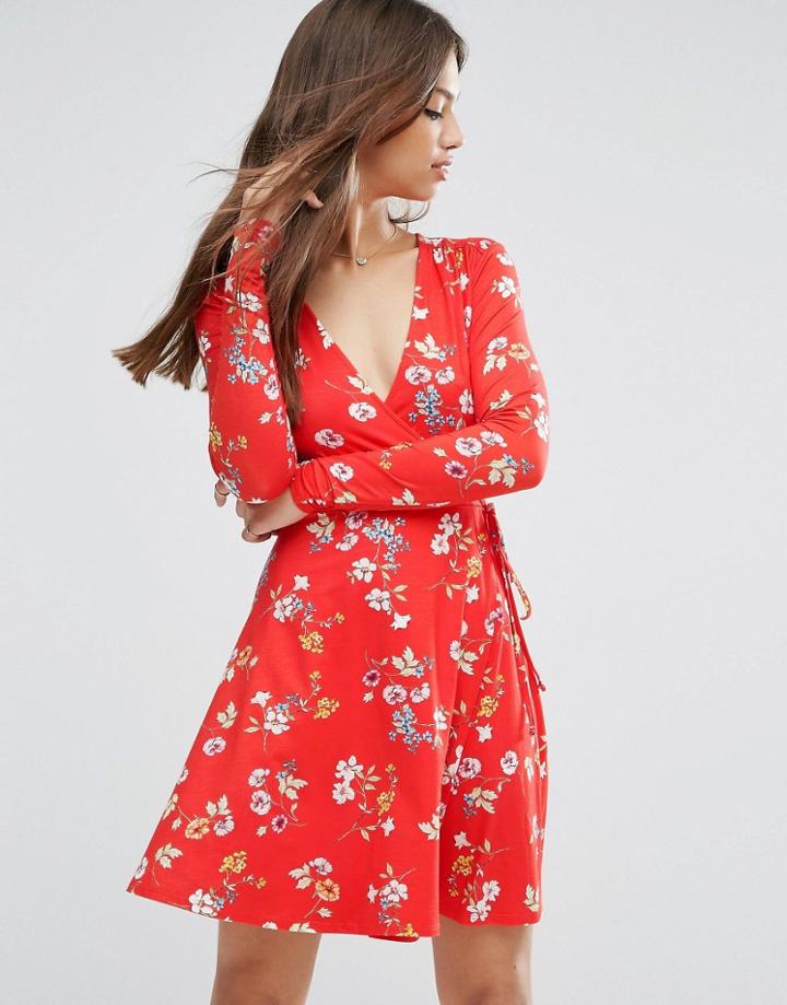Asos Wrap Tea Dress With Long Sleeves In Red Floral Print - Multi
