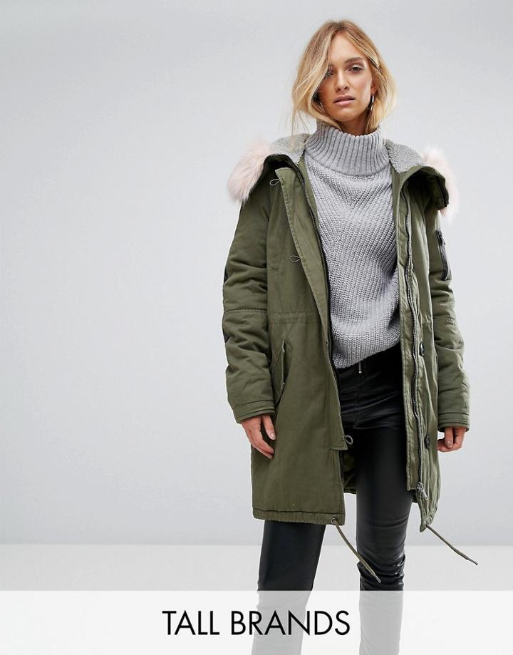 Vero Moda Tall Contrast Faux Fur Parka - Green