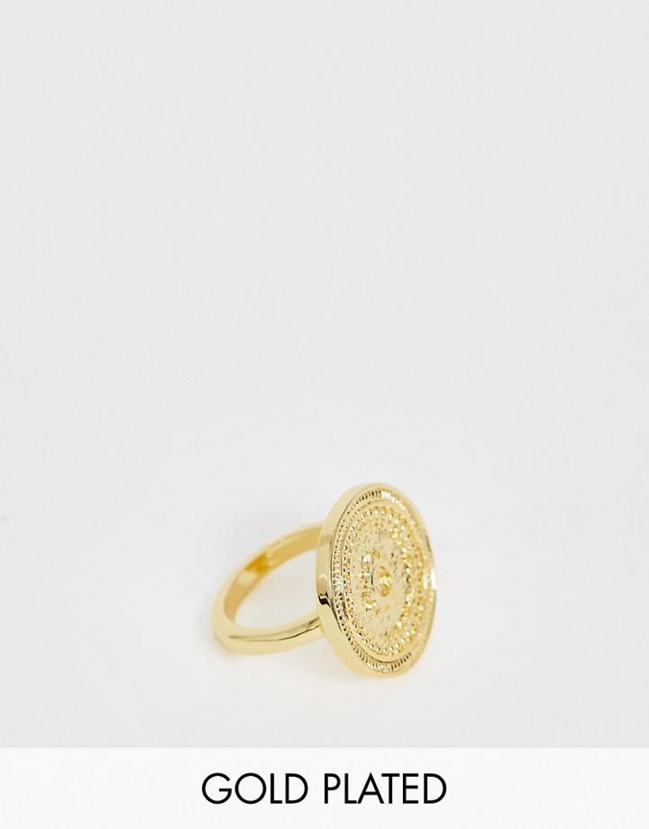 Asos Design Premium Gold Plated Ring In Etched Coin Design