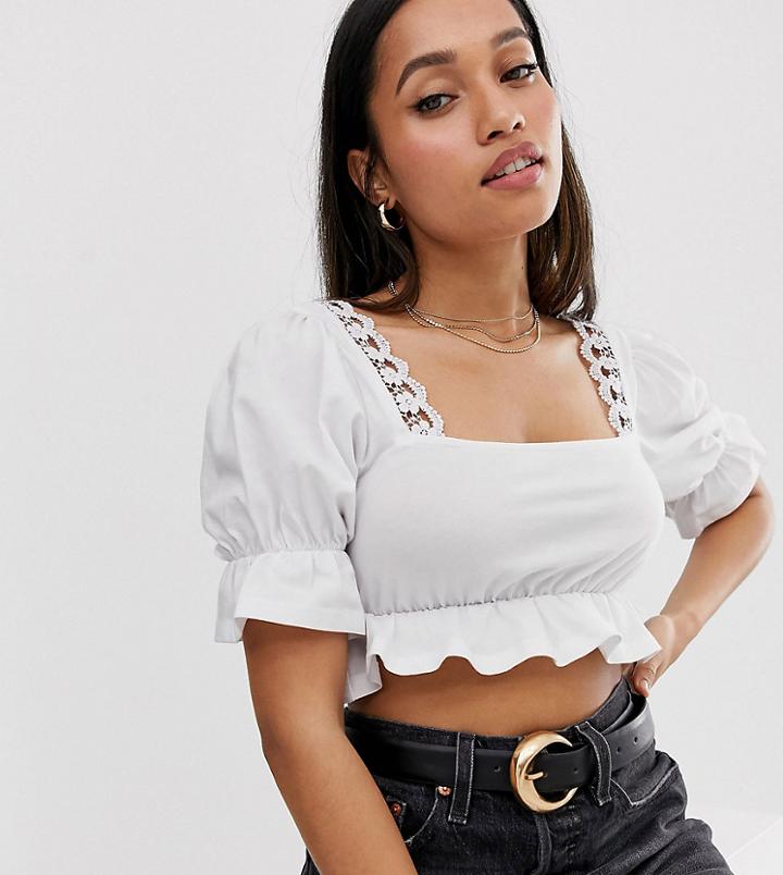 Asos Design Petite Square Neck Top With Lace Trim-white