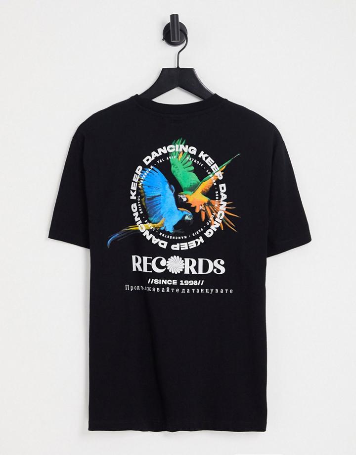 Asos Design Relaxed T-shirt In Black With Birds Of Paradise Front & Back Print