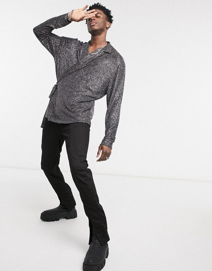 Asos Design Relaxed Long Sleeve Wrap Shirt In Black Metallic Jersey-silver