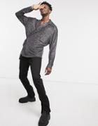 Asos Design Relaxed Long Sleeve Wrap Shirt In Black Metallic Jersey-silver