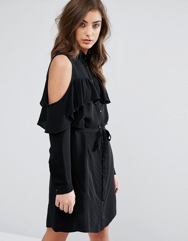 Miss Selfridge Cold Shoulder Ruffle Shirt Dress - Black