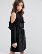 Miss Selfridge Cold Shoulder Ruffle Shirt Dress - Black