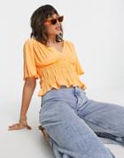 Asos Design V Neck Short Sleeve Top With Shirred Waist Detail In Orange