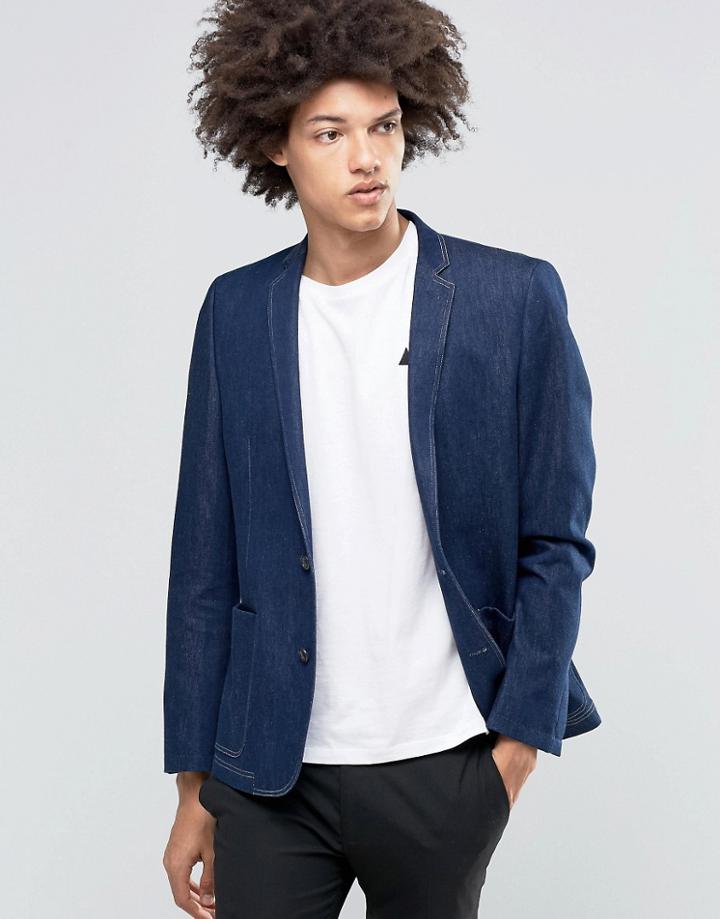 Asos Skinny Blazer In Denim - Blue