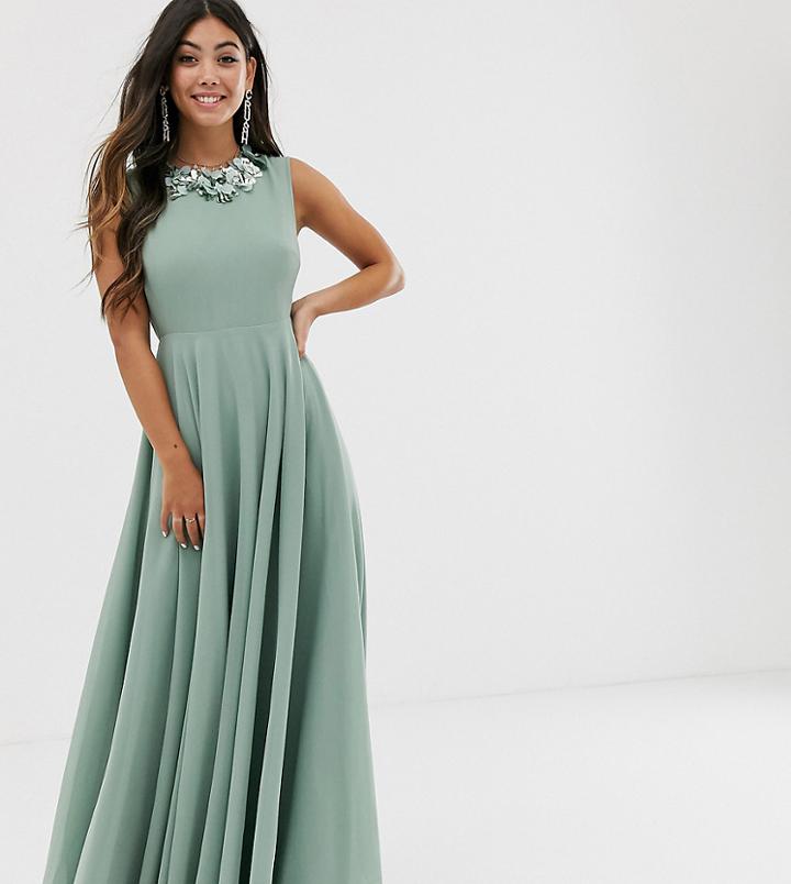 Asos Design Petite Maxi Dress With 3d Floral Embellished Neckline