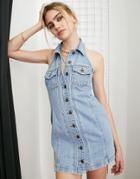 Topshop Y2k Halter Button Up Collar Denim Dress In Mid Blue