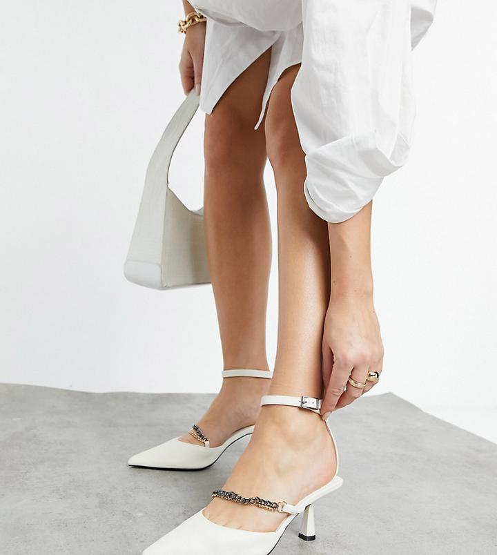 Asos Design Wide Fit Wren Chain Detail Mid Heels In Bone-white