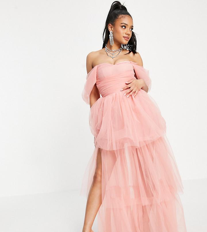 Lace & Beads Exclusive Off-the-shoulder Tulle Maxi Dress In Powder Pink