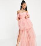Lace & Beads Exclusive Off-the-shoulder Tulle Maxi Dress In Powder Pink