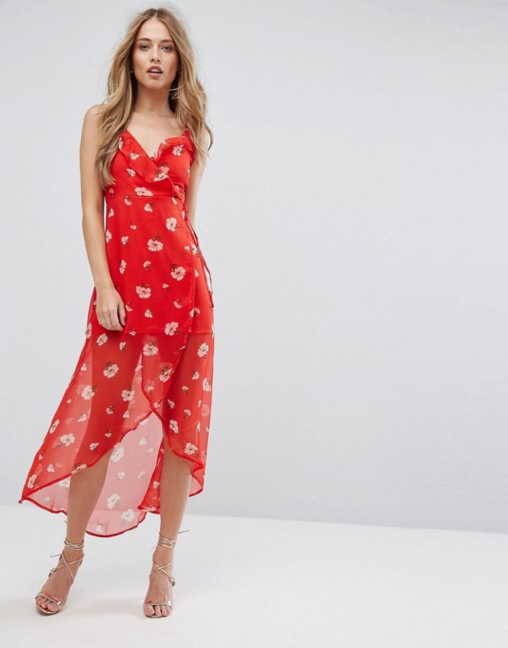 Missguided Floral Print Wrap Dress - Red