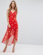 Missguided Floral Print Wrap Dress - Red