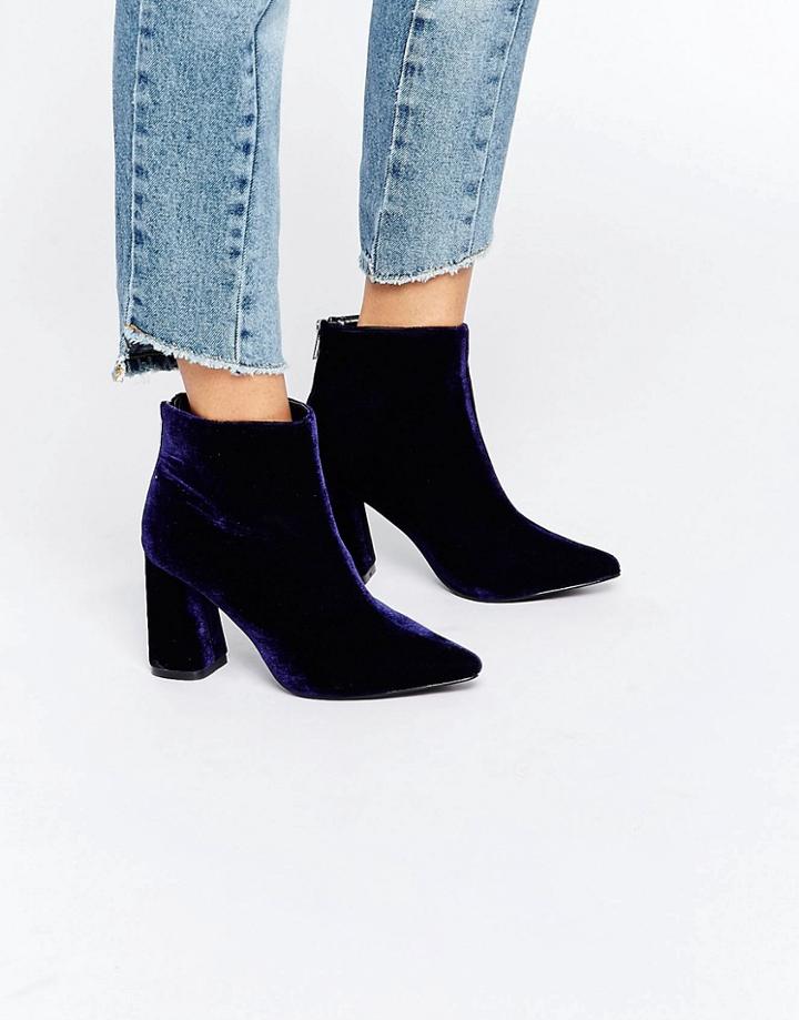 Daisy Street Velvet Point Heeled Ankle Boots - Navy Blue Velvet
