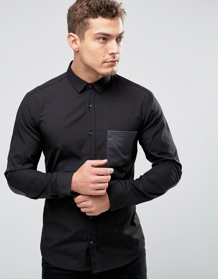Hugo By Hugo Boss Smart Shirt In Black Contrast Pocket & Elbow Patch In Slim Fit - Black