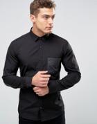 Hugo By Hugo Boss Smart Shirt In Black Contrast Pocket & Elbow Patch In Slim Fit - Black