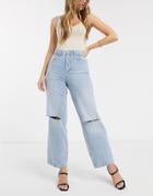 Asos Design High Rise 'relaxed' Dad Jeans In Vintage Light Wash With Rips