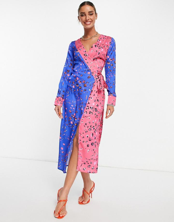 Never Fully Dressed Long Sleeve Wrap Midi Dress In Contrast Leopard-multi