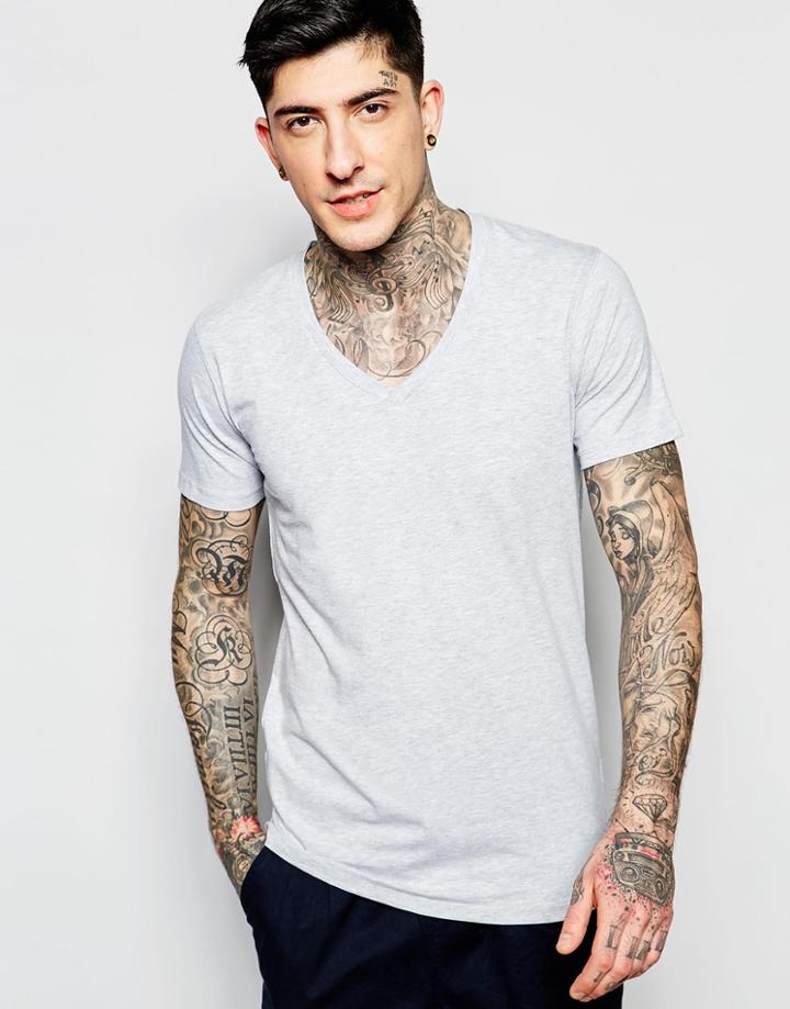 Lindbergh Stretch T-shirt In Gray V Neck - Gray Marl