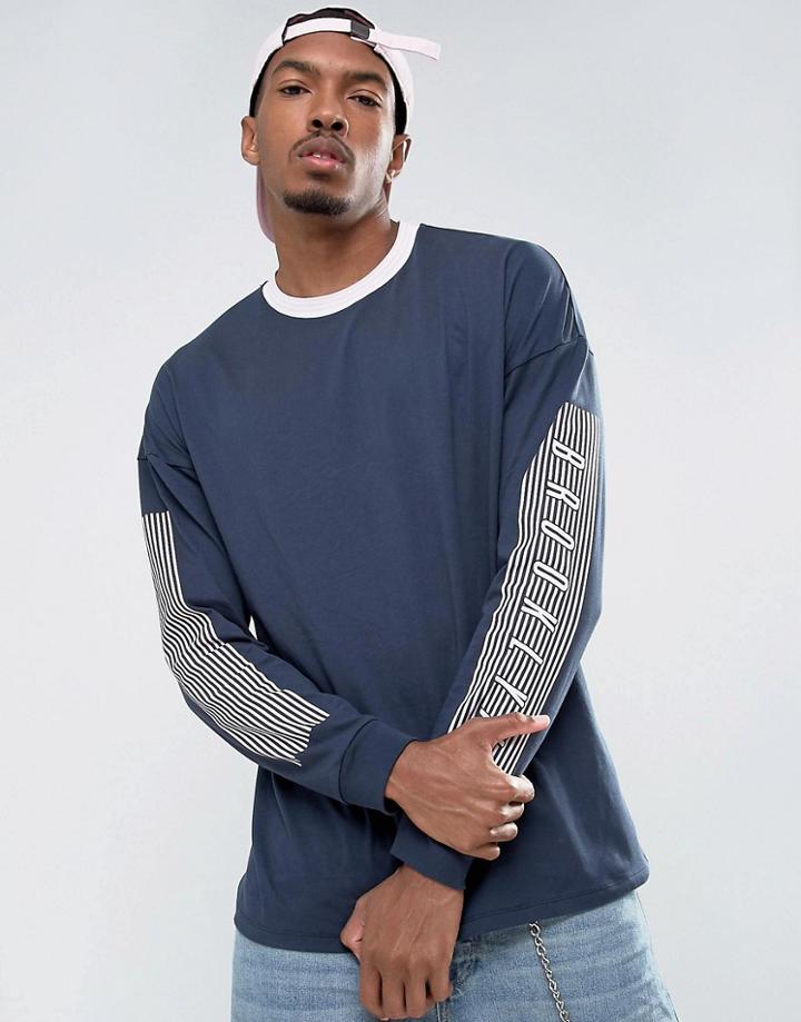 Asos Oversized Long Sleeve T-shirt With Sleeve Print And Tipped Rib - Navy