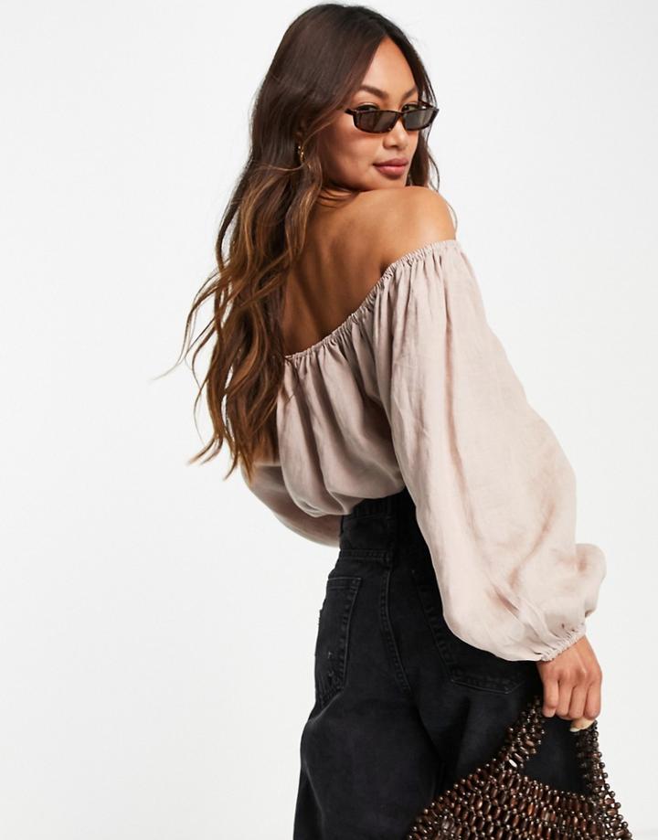 Pretty Lavish Off Shoulder Balloon Sleeve Blouse In Beige-neutral