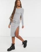 New Look Ruched Side Slit Midi Dress In Gray-grey