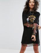 Sacred Hawk Oversized T-shirt Dress With Floral Embroidered Mesh Underlayer - Black
