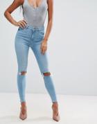 Asos Ridley Skinny Jeans In Felix Mid Stonewash With Busted Knees And Chewed Hems - Blue
