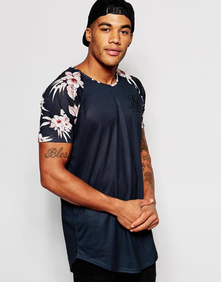 Siksilk Raglan Longline T-shirt With Retro Floral Print Sleeve - Black