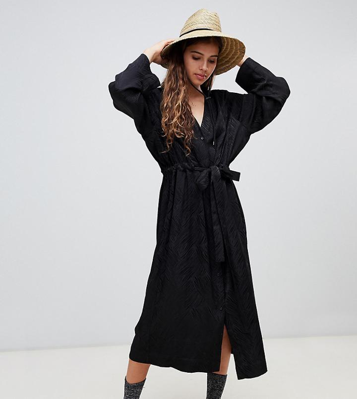 Weekday Jacquard Satin Tie Front Midi Dress In Black