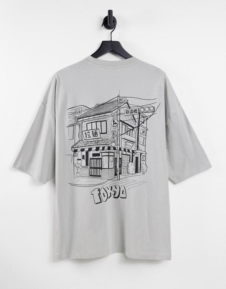 Asos Design Oversized T-shirt With Line Drawn Tokyo City Back & Chest Print-gray