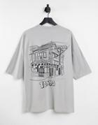Asos Design Oversized T-shirt With Line Drawn Tokyo City Back & Chest Print-gray