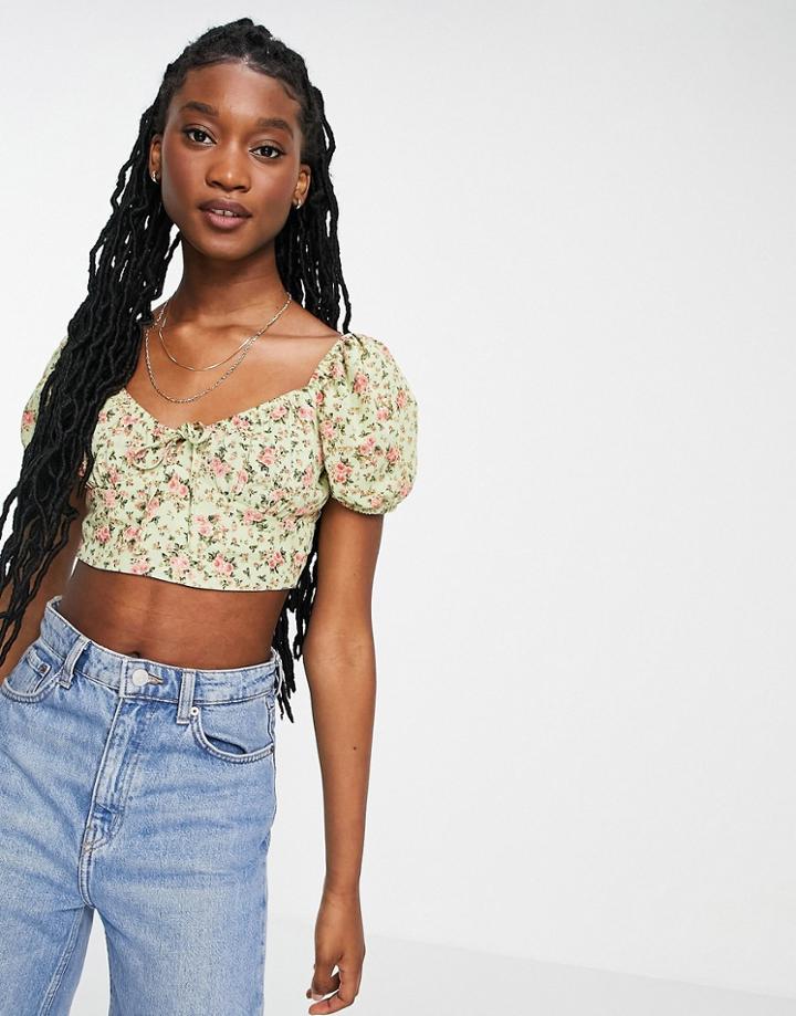 Stradivarius Milkmaid Top In Green Floral