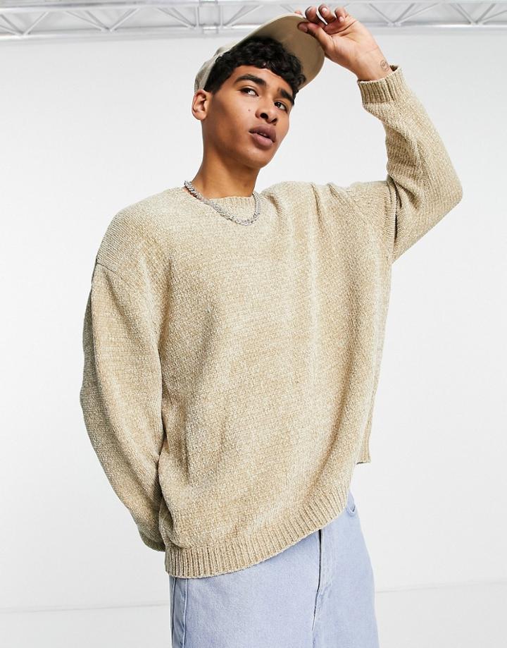 Asos Design Knitted Chenille Sweater In Oatmeal-neutral