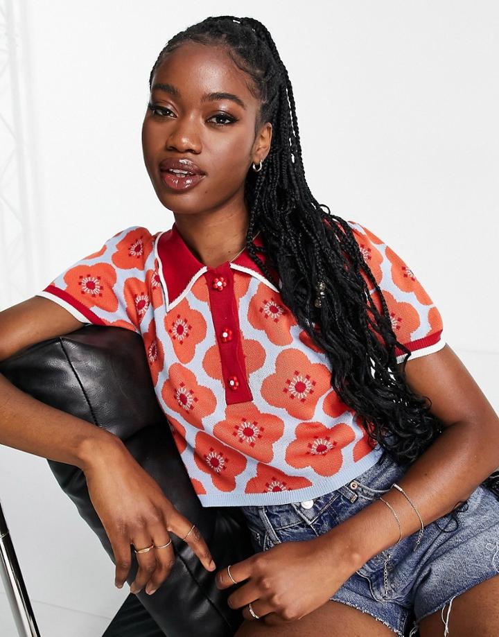 Qed London Knit Polo Top In Bold Floral Print-multi