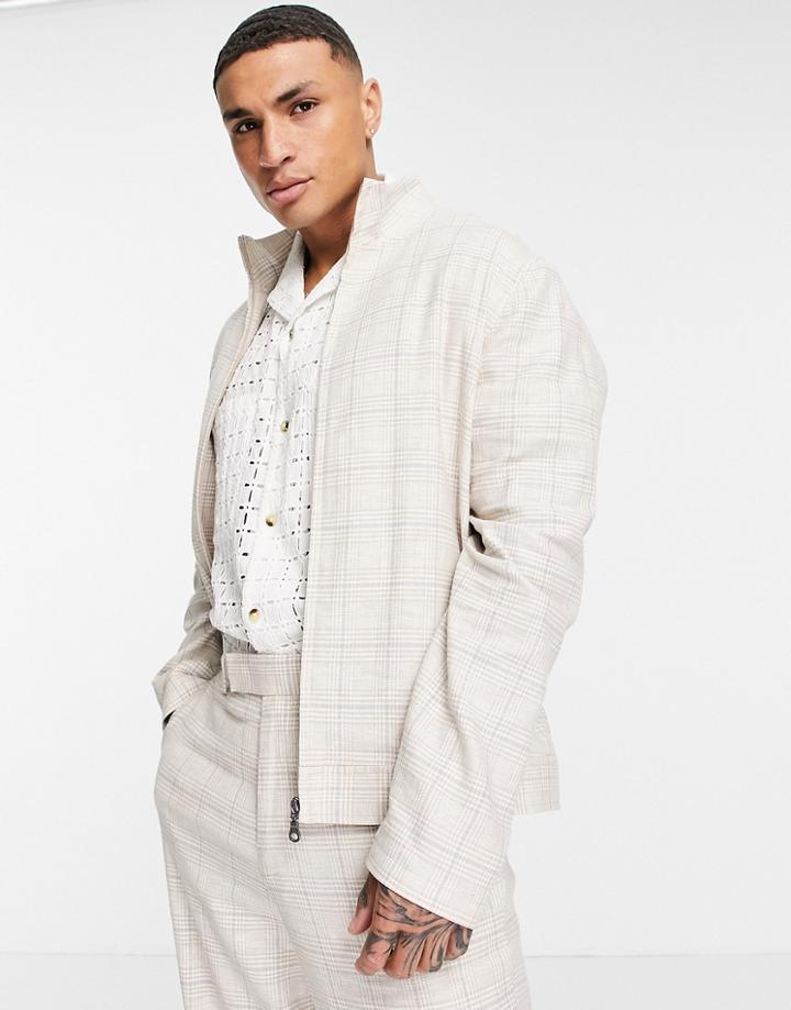 Asos Design Smart Track Jacket With Beige Prince Of Wales Linen Mix Check - Part Of A Set-neutral