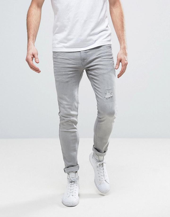 Redefined Rebel Skinny Fit Jeans In Gray With Distressing - Gray